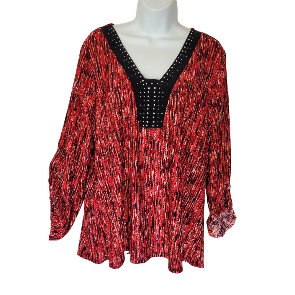 Notations Womens Blouse 1X V-Neck Red Black Stud Accents Roll Tab Sleeve Stretch